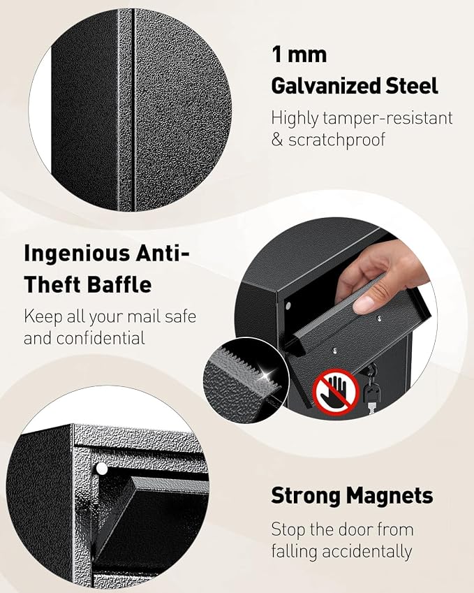 Uniclife Wall Mount Mailbox for Outside, Locking Mailbox with Key Lock | Anti-Theft Function, Heavy Duty, Large Mailbox with Key Lock, Safe Key Drop Box, Steel Cash Drop Box for Home Office, Black