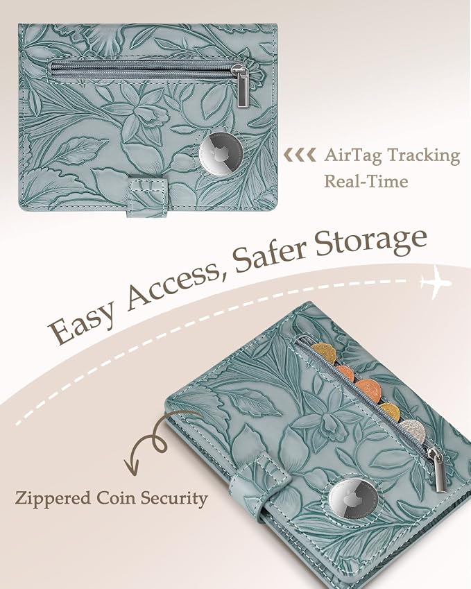 Slohif Elegant RFID Passport Holder for Travel with AirTag Dusty Blue | Floral Embossed Passport Wallet for Women, Slim Vegan Leather Travel Organizer with Money Pocket and Card Slots