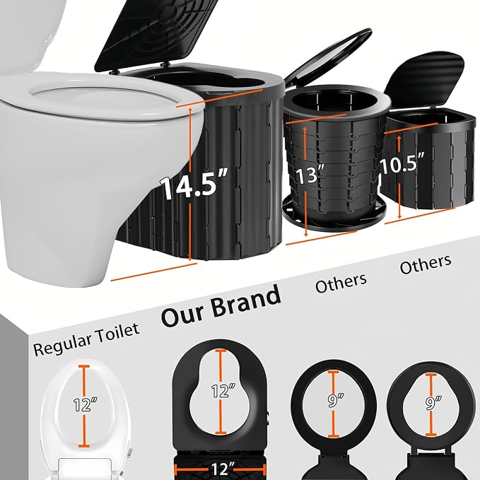 UOPBYEA Portable Camping Toilet for Adults With Urine Gel & Leak-Proof Bags | Washable, 12-Inch Extra Wide Seat, With Handle and Bracket, For Camping, Tent, Outdoor, Travel, RV, Car, Beach, Trucker, Boat