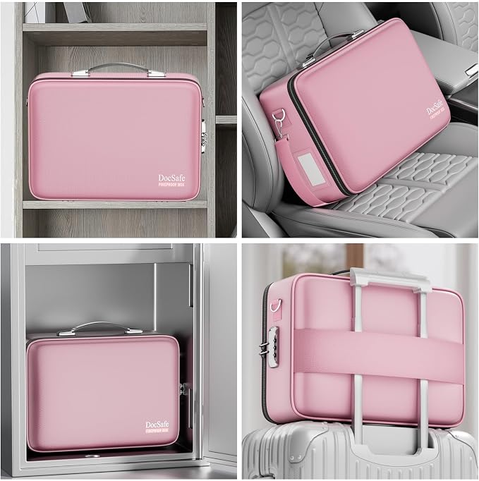 DocSafe Fireproof Document Box Hard Case with Lock ＆ Accordion File Folder | Fire and Water Resistant Safe Box,File Organizer,Multi-Pocket,Home Office Travel Storage for Important Document,Laptop,Pink
