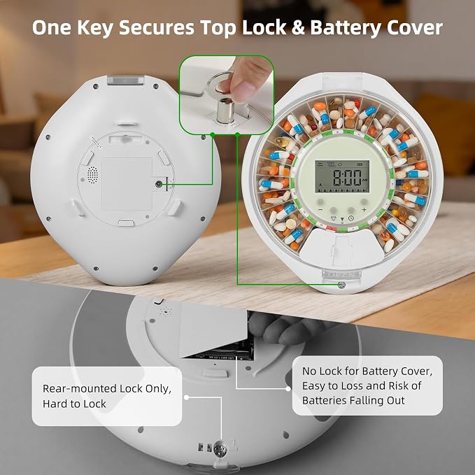 EziMedPil Automatic Pill Dispenser with Ergonomic Lid Design for Seniors | Easy Use Top Key Lock, 9 Daily Alarms & Sound-Light Reminder, Large LCD & Clear Lid Monitoring for Dementia & Senior Care