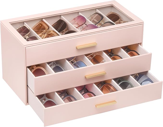 Lolalet Sunglasses Storage Box for Women, Eyewear Eye Glass Organizer with Clear Top Display Holder Case