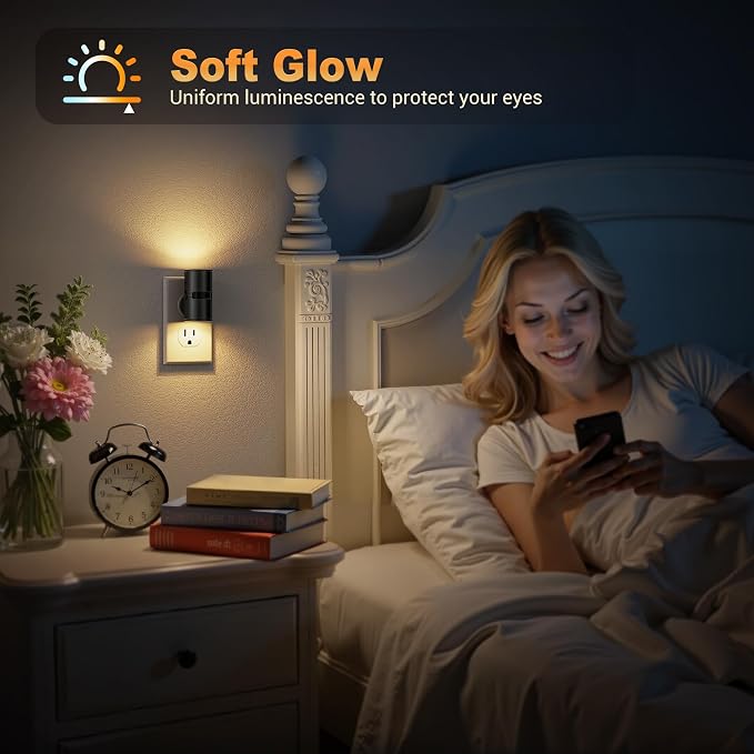 JandCase Motion Night Light, Rotating Night Lights Plug into Wall, 3 Colors | 3000K-5000K-Amber, Dusk to Dawn & Motion Sensor, 3 Level Brightness Nightlight for Bathroom Bedroom Hallway [4 Pack]