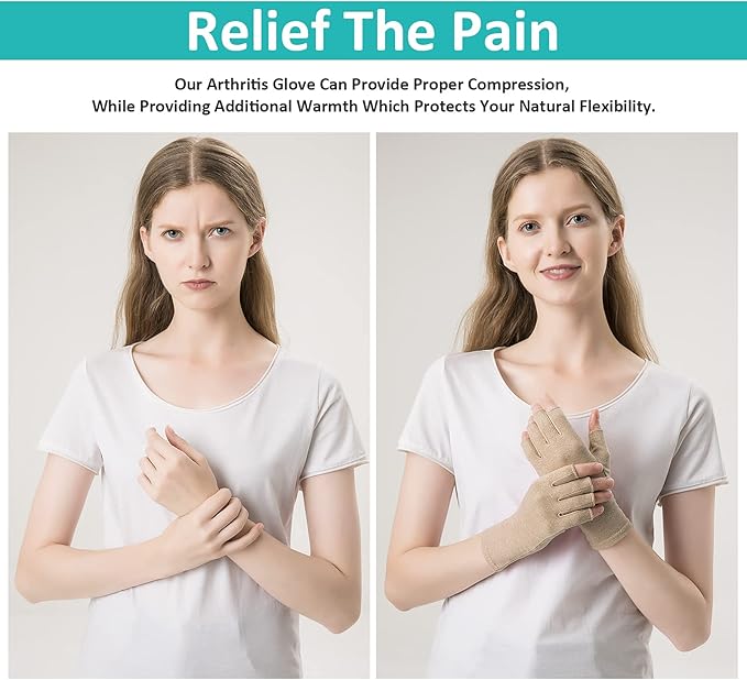 2 Pairs Arthritis Gloves Fingerless Compression Gloves for Relieve Rheumatoid Arthritis, Osteoarthritis, Carpal Tunnel, Joint Pain for Women and Men to Daily Work (Coffee, Large)