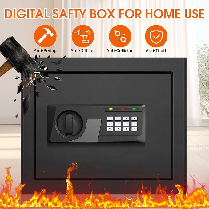 1.8 Cuft Fire proof Safes for HOME USE, Anti-Theft Digital Security Safety Box with Programmable Keypad and Spare Keys, Home Safes Fireproof Waterproof for Money Medicine Document Valuables