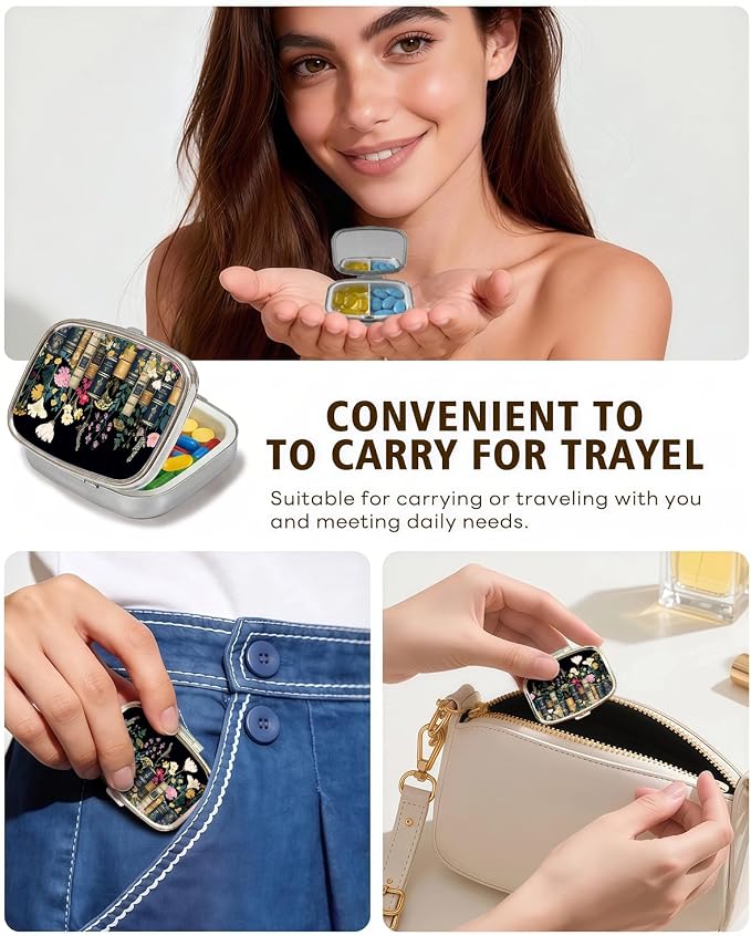 LRITER Pill Case, 2 Compartment Portable Small Travel Pill Organizer for Purse and Pocket, Stylish Medicine Case with Multiple Patterns, Daily Pillbox for Home & Travel (Flowers and Books)