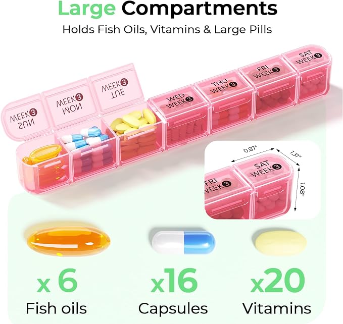 Daviky Monthly Pill Organizer 28 Day, 4 Week Pill Box with Removable Weekly Trays, Large BPA-Free Pill Organizer for Vitamins, Supplements and Medication, Travel Pill Case with Storage Box, Pink