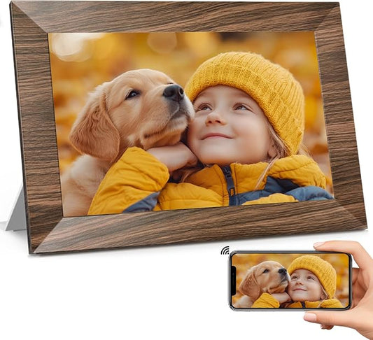 10.1 Inch Digital Picture Frame with 32GB Storage, WiFi Digital Photo Frame 1280x800 HD IPS Touchscreen, Easy Setup for Photo & Video Sharing via Free App, Brown Wood Grain