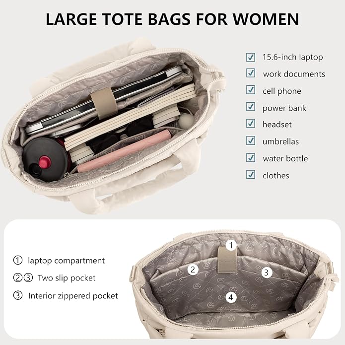 Puffer Tote Bag for Women Quilted Nurse Bag Lightweight Work Bag for Teacher Travel Handbag with Multiple Pockets