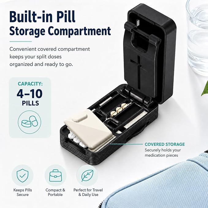 HyJeryty Gear-Driven Adjustable Pill Cutter & Splitter - Precision 1/2 & 1/4 Tablet Crusher for Small and Tiny Pills, Vitamins with Safety Blade Cover | Portable for Travel, Home, Purse & Pocket