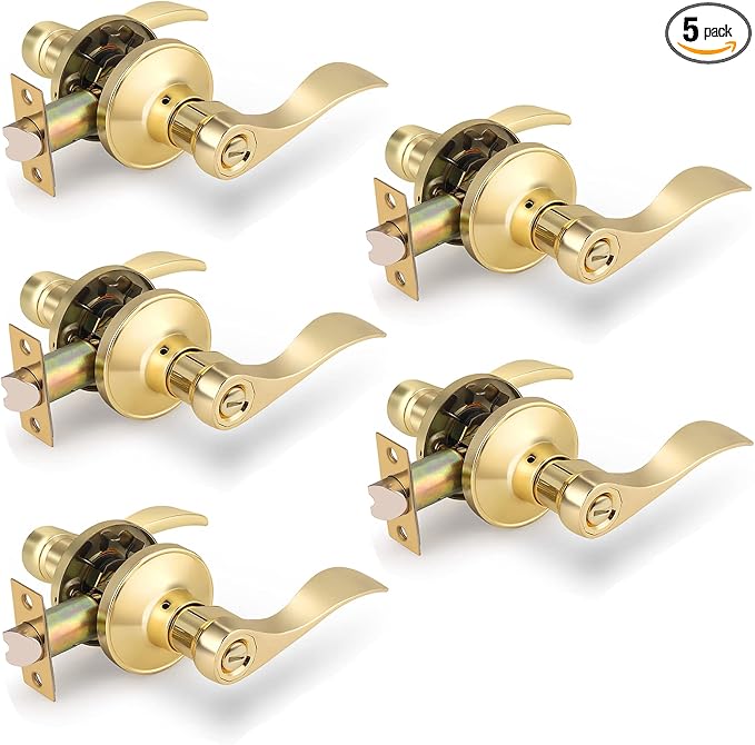 Gobrico Privacy Levers Wave Style Bathroom Bedroom Locks in Polished Brass,Reversible for Right Left Handed Doors,5Pack