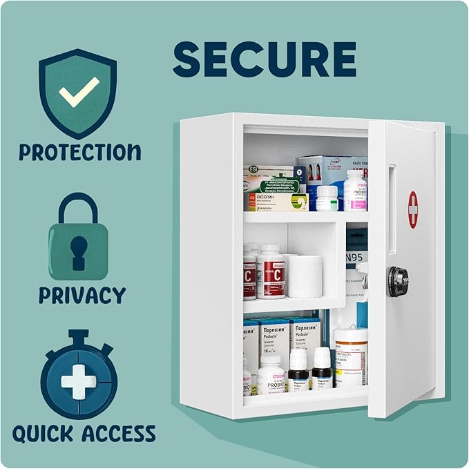 Locking Medicine Cabinet, Empty Metal Medicine Storage Box Wall Mount with All-Metal Digit Lock Keyless, Bathroom Cabinet Organizer Over The Toilet, First Aid Box for Home School Business