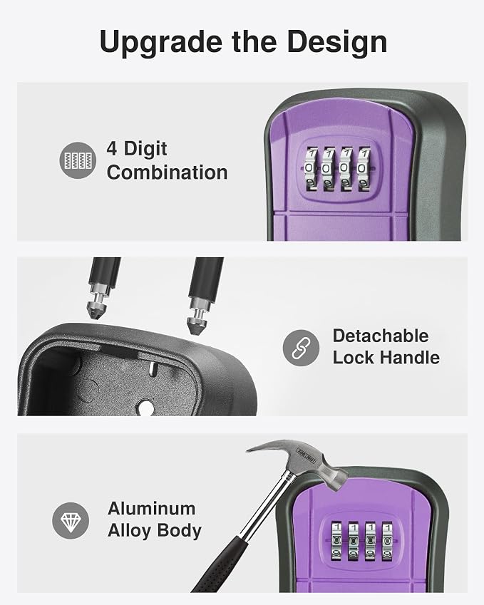Puroma Key Lock Box Outdoor 4 Digit Code Combination Lockbox House 1 Purple | For Contractors Guest Realtor Storage Keys, Portable, Home Wall Mount, Resettable, Combination, Weatherproof, High-capacity