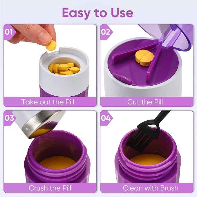 3-in-1 Pill Crusher and Pill Cutter, Pills Crusher Fine Powder with Stainless Steel Grinding Head, Pil Grinder with Storage for Tablets, Cutter Splitter for Small and Tiny Pills (Purple)