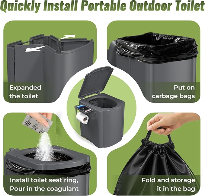 Portable Camping Toilet Kit for Adults, Upgrade Travel Potty Seat with Lid Removable Paper Holder and Absorbent Gel, for Camping, Hiking, Truck, RV Toilet, Beach
