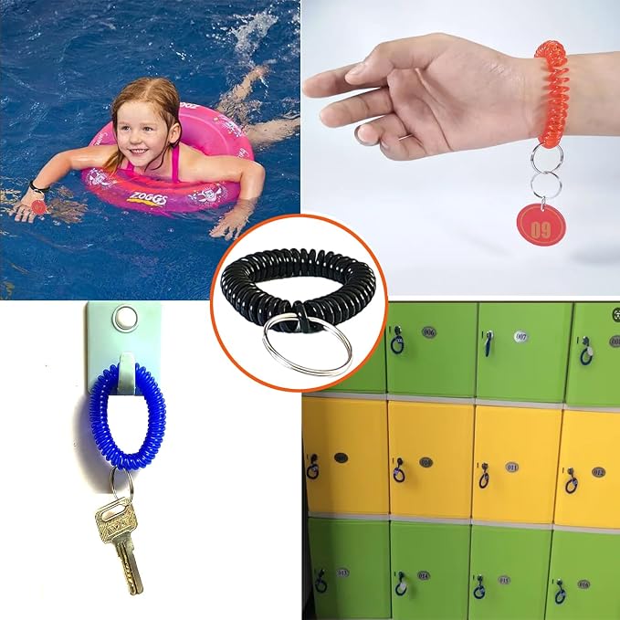 10 Pieces Wrist Coil Keychain Spiral Key Ring, Solid Black | Wristband Bracelet Key Holder for Pool Gym ID Badge