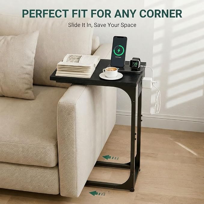 TEMI C Shaped End Table for Couch with Charging Station, Small Side Table TV Tray for Eating or Laptop, Accent Desk for Sofa or Chair, Space Saving Living Room Bedroom, Black