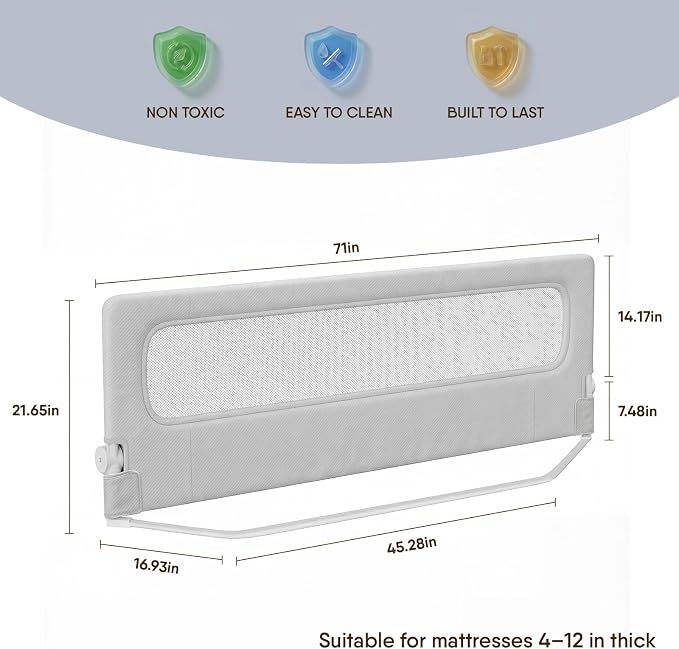 Bed Rail for Toddlers,71 Inch Foldable Baby Guard | 71 in foldable toddler rail with reinforced anchors, no-gap mattress fit, double lock, washable fabric for King|Queen