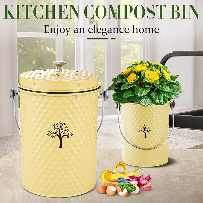 Countertop Kitchen Odorless Compost Bin with Removable Inner Bucket | 1 Gallon Composter Container,Includes 50 Compost Bags,2 Carbon Filters,Compost Bucket, ideal for food scraps,coffee grounds