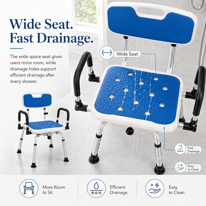 Deluxe Swivel Shower Chair with Arms & Back by CZMY, 360° Locking Seat, 5-Level Height Adjustable, Padded Heavy-Duty Bath Chair, 300 lbs, for Seniors, Elderly, & Disabled (Blue with Flip-Up Arms)