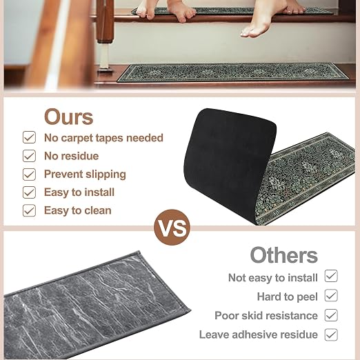 OJIA Black Stair Runner Non-Slip Stair Treads for Wooden Steps 15PCS 30"x8" | Floral Stair Runners Indoor Carpet Stair Treads Stair Mats Staircase Step Treads for Kids, Elders and Dogs, Stair Covers