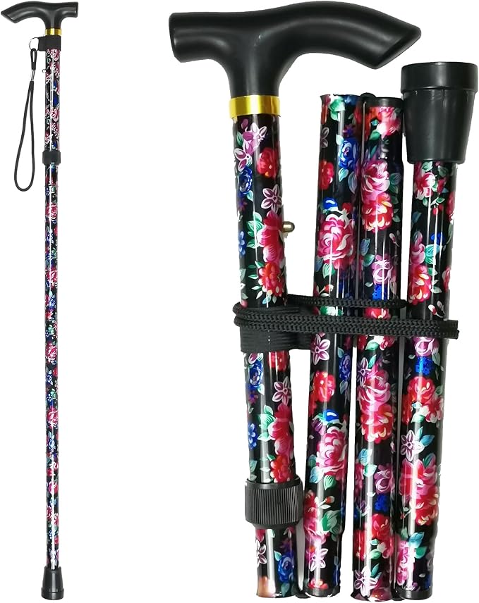 Folding Canes for Men and Women, Floral | 5-Level Adjustable Height, Lightweight Collapsible, Aluminum, Wrist Strap, T Handle, Walking Sticks for Seniors Adults