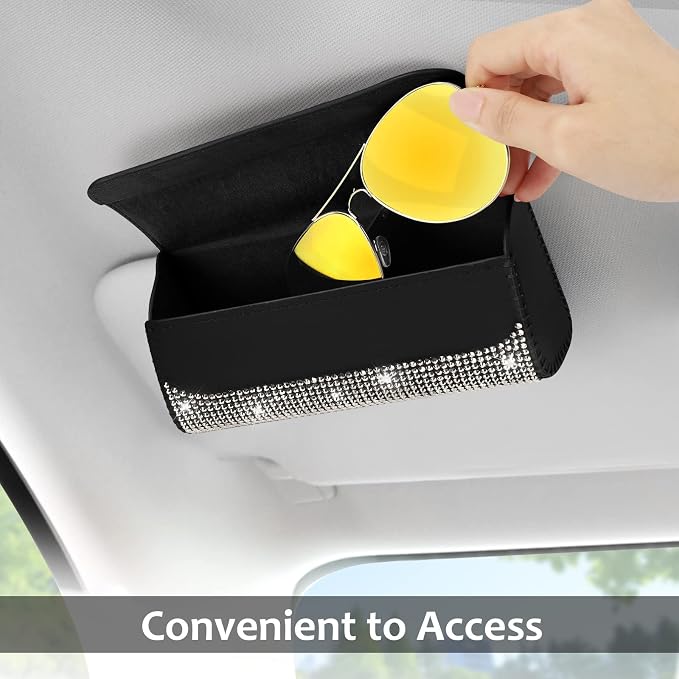 Accmor Bling Glasses Holder for Car Sun Visor, Sparkling Crystal Car Sunglasses Storage Case PU Leather Eyeglasses Organizer Protective Box Car Accessories for Truck, SUV, RV - Gray