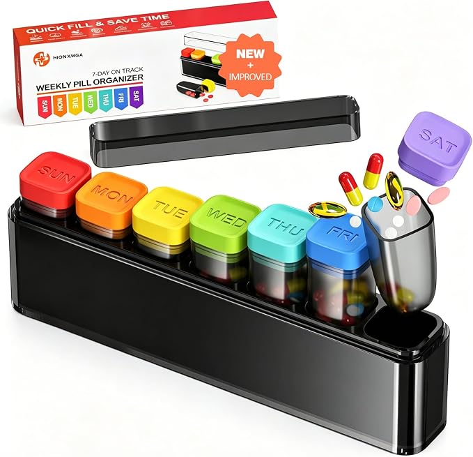 HIONXMGA Weekly Pill Organizer, Detachable 7-Color Pill Box, Easy Tracking | Portable Travel Pill Case Container for Daily Vitamin Supplement Fish Oil, Silicone-Seal, Lasting Labels, Quick Fill (Black)
