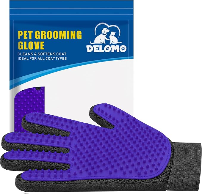 DELOMO Pet Hair Remover Glove - Gentle Pet Grooming Glove Brush - Deshedding Glove - Massage Mitt with Enhanced Five Finger Design - Perfect for Dogs & Cats with Long & Short Fur - 1 Pack, Purple