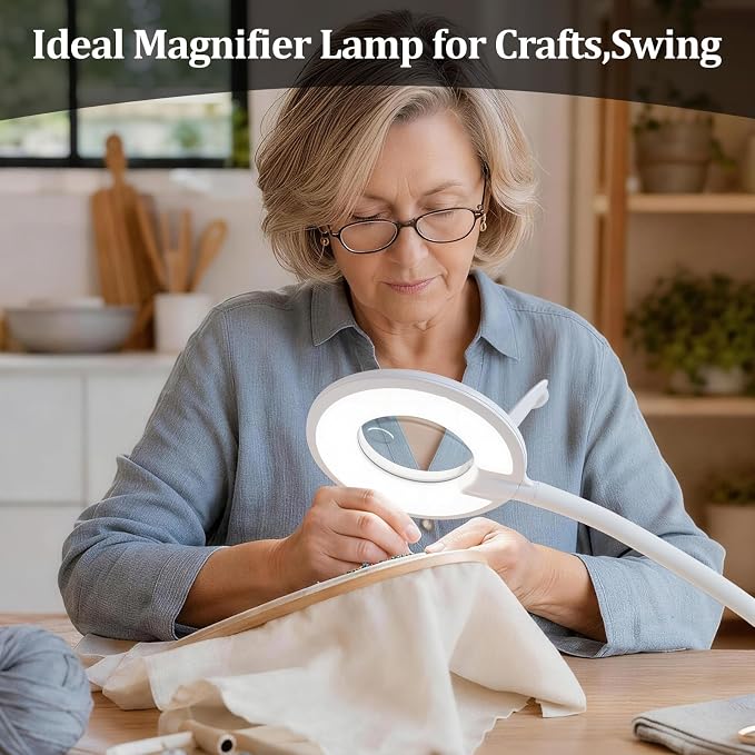 3X+6X Magnifying Glass with Light and Stand, Dimmable LED Magnifying Lamp | Flexible Gooseneck, Hands Free Magnifier, Magnification Lamp for Elderly Craft Hobby Painting Sewing Close Work,Weighted Base