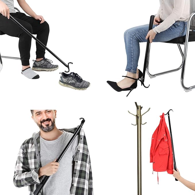 35" Long Dressing Stick with Shoe Horn with Sock Removal Tool, Adjustable Extended Dressing Aids for Shoes, Socks, Shirts and Pants