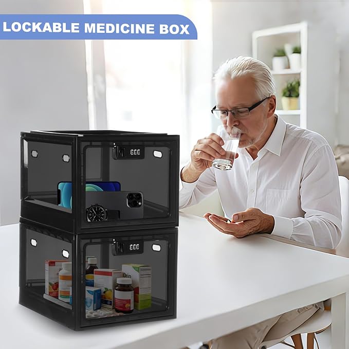 Medicine Lock Box with Code, Lockable Storage Box for medication,Food, Phone, Tablet, Premium Plastic Large Locking Organizer Bin for Office, Dorm, Home (2 Pack)