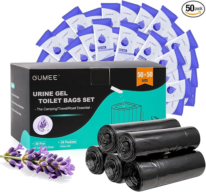Lavender 50 Portable Toilet Bags with 50 Poo Gel Set, 8 Gallon | Camping Toilet Bags with Absorbent Gels Waste Bags, Portable Trash Bag for Camping Potty Rvs Travel