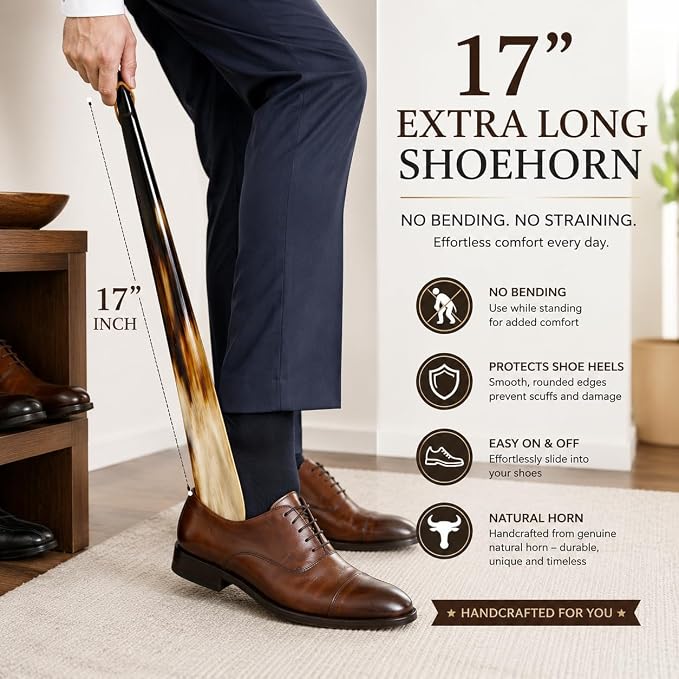 Shoe Horn Made with Real Horn Handmade. Easy Grip Long handle Shoehorn for Men,Women Seniors, Pregnancy, Elderly, back pain, tall people and kids Shoes & Boots.Best Gift Idea Home or Travel Use.(17'')