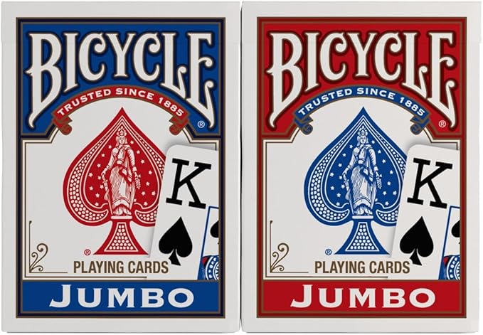 Bicycle Jumbo Index Playing Cards 2 Pack Large Print Poker Size | Easy-to-read numbers and suits, Air Cushion Finish, Made in USA, 6 red and 6 blue backs, For all card games