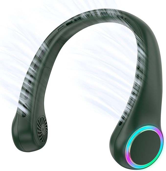 Portable Neck Fan, Personal Fan with 4000mAh Battery, Rechargeable Neck Fan with 3 Speeds and 64 Cool Lights, Birthday Gifts for Men Women Mom Dad, Hands Free Cooling fan for Summer(Dark Green)