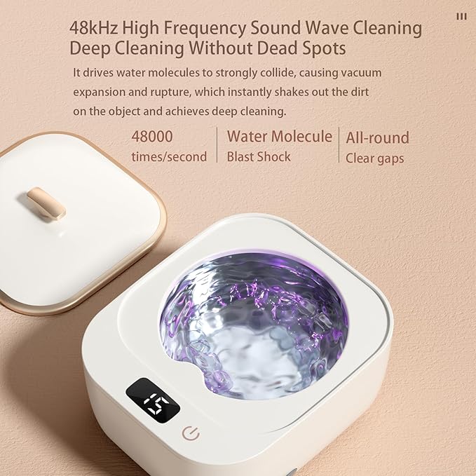 Ultrasonic Retainer Cleaner - 48kHz Retainer Cleaner Machine for Dentures, Mouth Guards, Aligner, Toothbrush Heads, Jewelry, 3 Modes Denture Cleaner with 250ml Dental Cleaning Pod