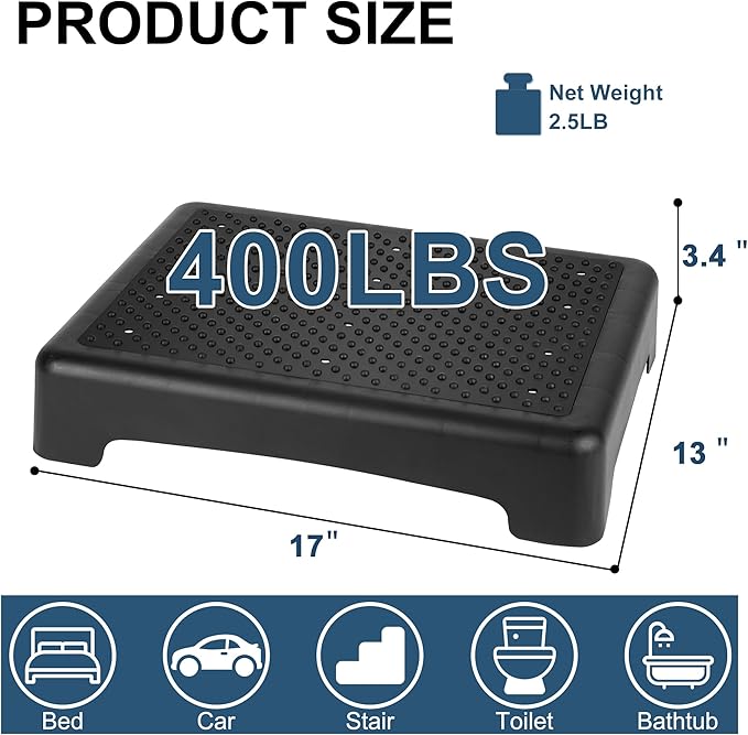 Non Slip One Step Stool for Seniors, Adults, Indoor/Outdoor Portable Stair Assist, Mobility Step Stool for Bedside, Car, Kitchen, Bathroom, Black