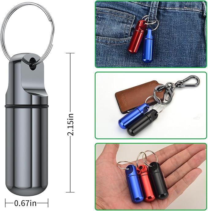 Urekt Small Pill Box Keychain, (4 Pack) Portable Keychain Pill Holder Aluminum Alloy Medicine Organizer Mini Metal Pill Case for Purse Waterproof Travel medication Container for Outdoor Camping Travel