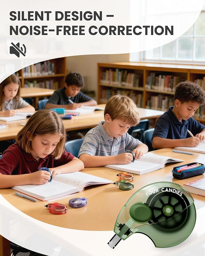 Four Candies Silent Correction Tape, White Correction Tape 12 Pack, 26.2ft | Ergonomic Easy-to-Use Applicator,Fast Clean Instant Corrections, Smooth High-Opacity Tear-Resistant Office & School Supplies