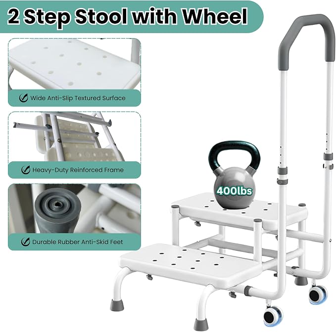 2 Step Stool with Handle & Wheels for Seniors, for Grandpa White | 400 lbs Capacity, Heavy Duty Bed Step for High Beds, Adjustable 5-Level Handrail, Non-Slip Wide Steps, Non-Skid Rubber Feet