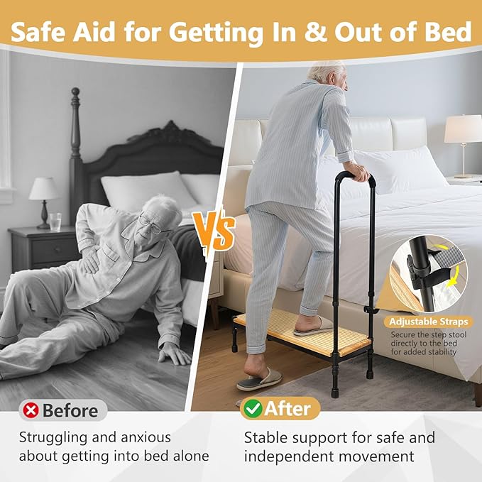 Bed Step Stool with Adjustable Handle for Elderly, Medical Step Stool for Bedside for Adults, 31.5" Long Safety Step Platform, Bed Stool for High Beds, Heavy Duty SUV Stepping Stool with Anti-Slip Mat