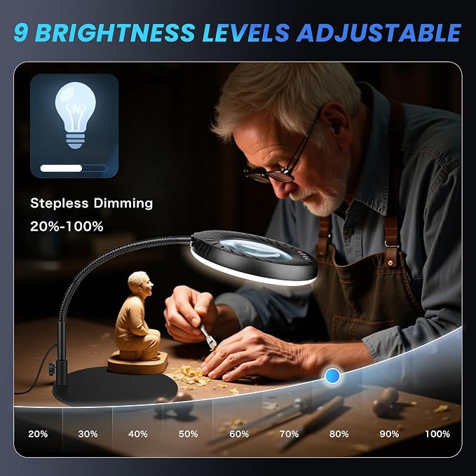Akynite 12X Magnifying Glass with Light and Stand,5 Color 9 Levels Dimmable | Hands Free, Flexible Gooseneck, USB, with Adapter, Dual Base, 144 LED, Real Glass Magnifier Desk Lamp for Craft Close Work