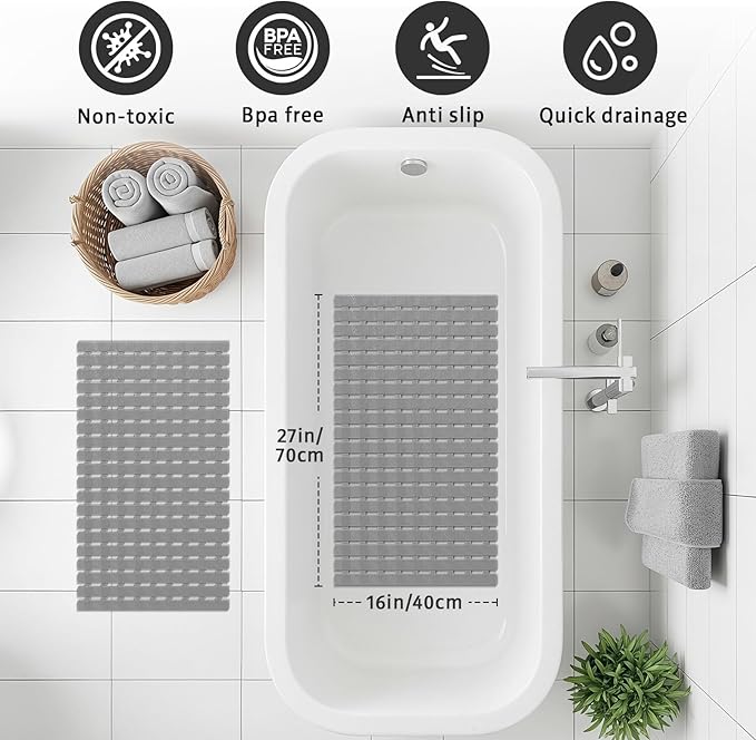 XIYUNTE Shower Mat Non Slip Bath Mat for Tub - 27 X 16 Inch PVC Bathtub Mat Non Slip Shower Mats for Inside Shower, Bath Tub Mat with Powerful Suction Cup, Easy to Cut and Dry, Grey