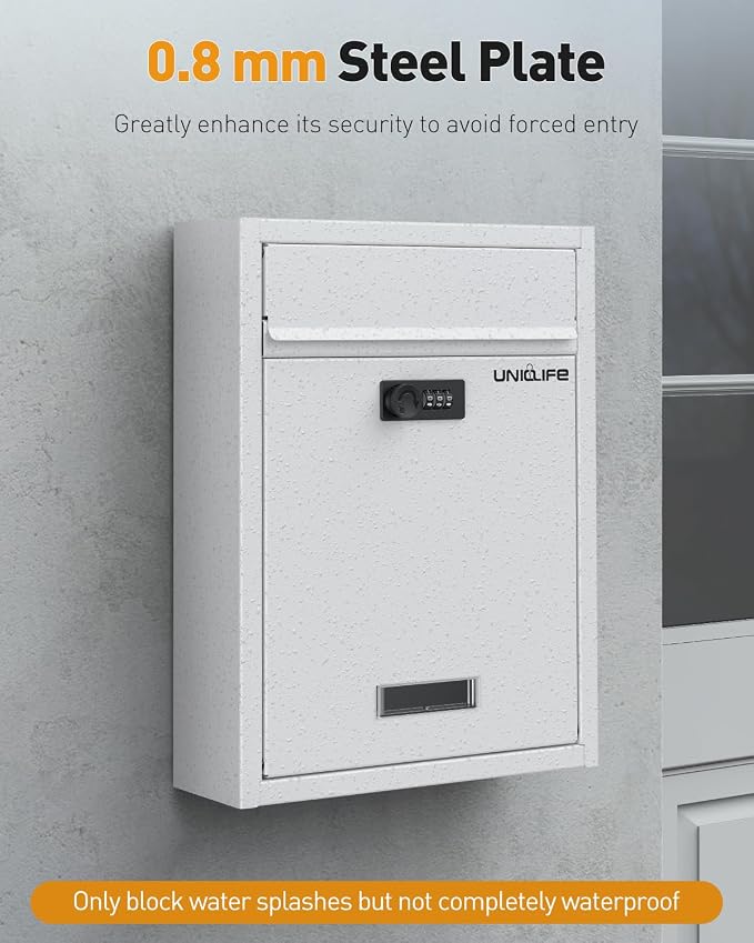 Uniclife Wall Mount Mailbox for Outside, Large Locking Mailbox, White | Security Mail Box with Combination Lock, Safe Key Drop Box, Post Box, Steel Cash Drop Box for Home Office School