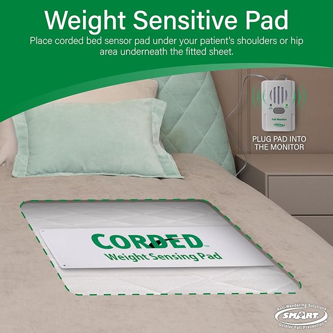 Smart Caregiver Bed Alarm for Elderly Adults – Fall Prevention System with 10"x30" Weight-Sensing Bed Pad – Automatically Alerts Caregiver When They Get Up