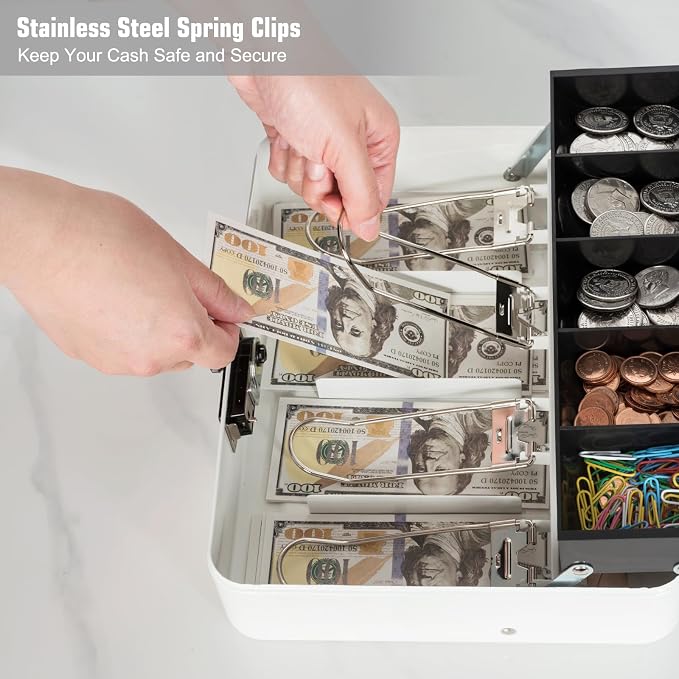 Cash Box with Combination Lock, Metal Money Box for Cash Register, Large Cash Lock Box for Money Safe 11.8" x 9.4" x 3.54" White
