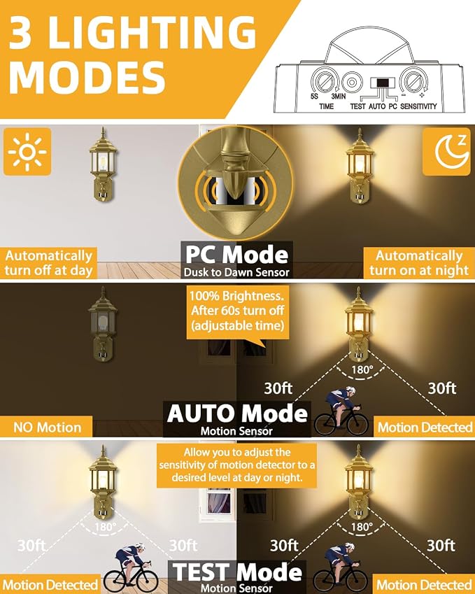 Redluck Motion Sensor Outdoor Wall Light Fixtures, 2Pack Outdoor Wall Lamps | Dusk to Dawn, Anti-Rust, Waterproof Aluminum Frame, Tempered Glass & Classic Exterior Porch Lights for House Garage, Gold