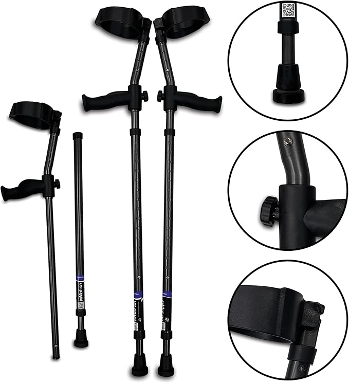 in-Motion Forearm Crutches | Spring Assist Crutches for Adults | Walking Crutch with Ergonomic Handles | Articulating Tips | Size Tall (5'3" - 6'8") | Lightweight & Durable | Charcoal | 350lb Capacity