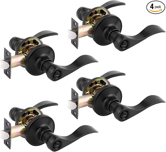 Gobrico 4 Pack Bed Bath Door Levers in Matte Black, Privacy Interior Wave/Drop Door Handles, Keyless Knob for Left/Right-Handed Doors